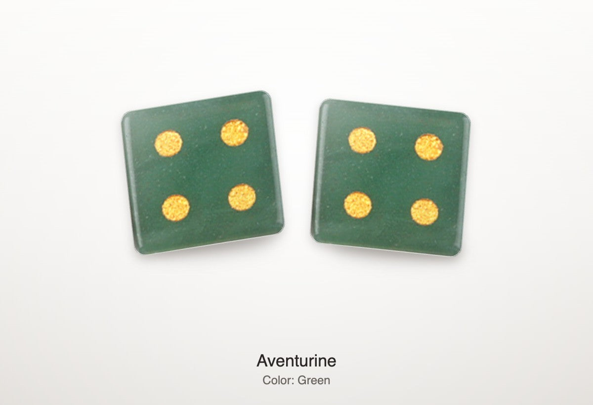 Luxury Mahjong pair of 16mm forest-green aventurine stone dice featuring bright gold-toned pips.