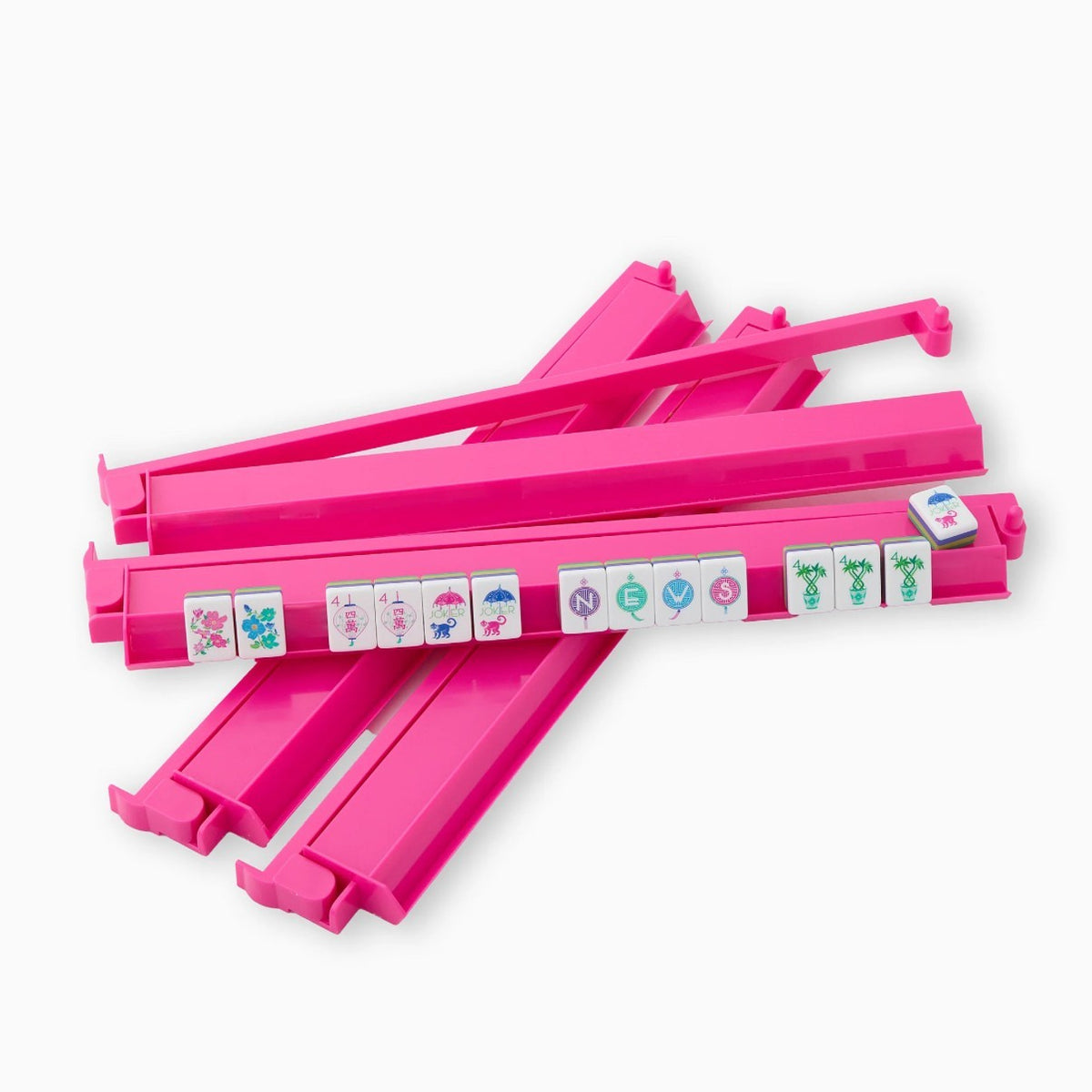Luxury Mahjong set of four 18.5-inch hot pink glossy acrylic racks with attached hinged pushers and game tiles