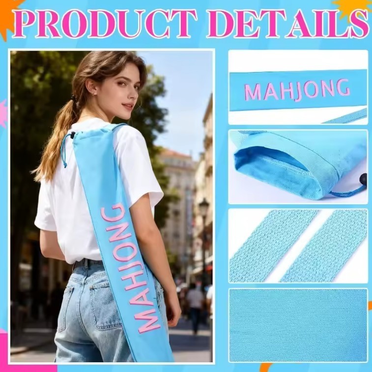 Luxury Mahjong light blue canvas mat bag with pink lettering and adjustable strap worn over the shoulder