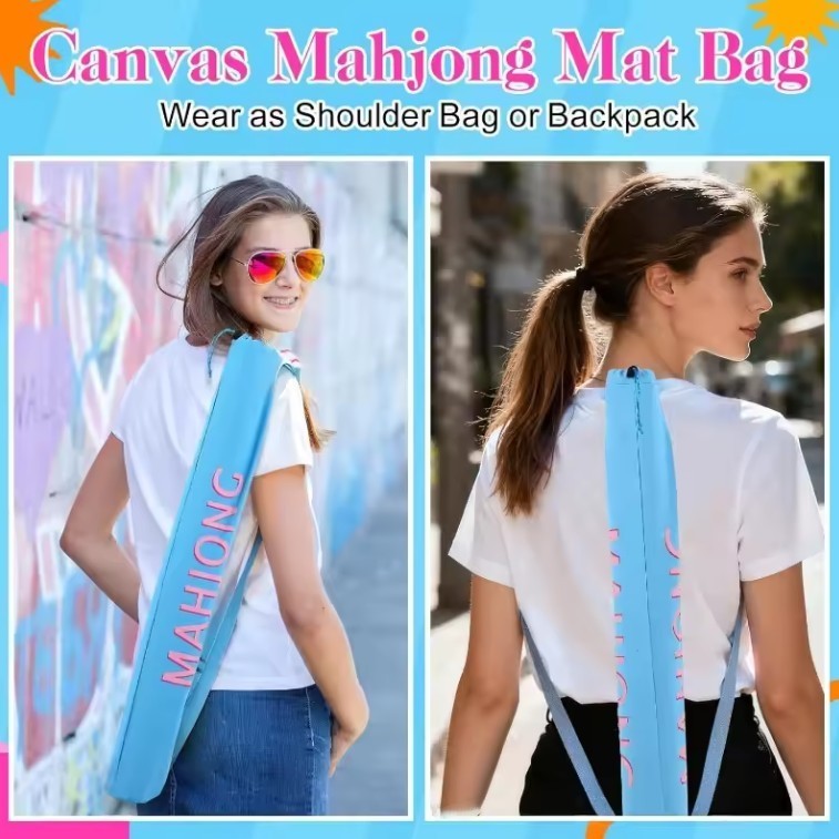 Luxury Mahjong light blue canvas mat bag with pink lettering worn as a shoulder bag and backpack by a young woman.