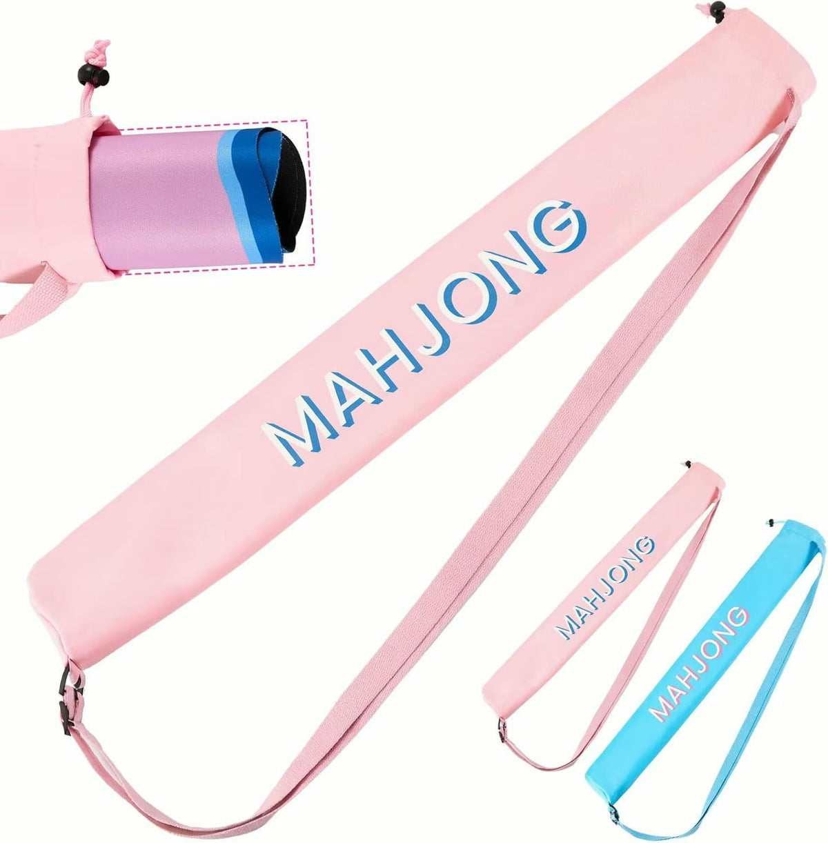 Luxury Mahjong light pink canvas mat bag with blue lettering, drawstring closure, and adjustable shoulder strap.