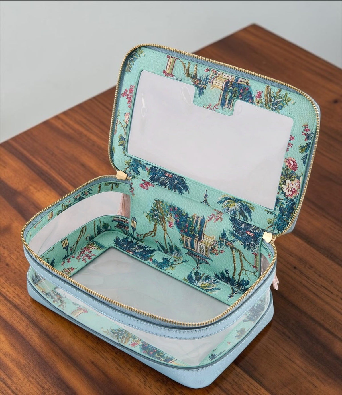 Luxury Mahjong metallic light blue storage case with chinoiserie garden lining, clear PVC panels, and gold hardware.