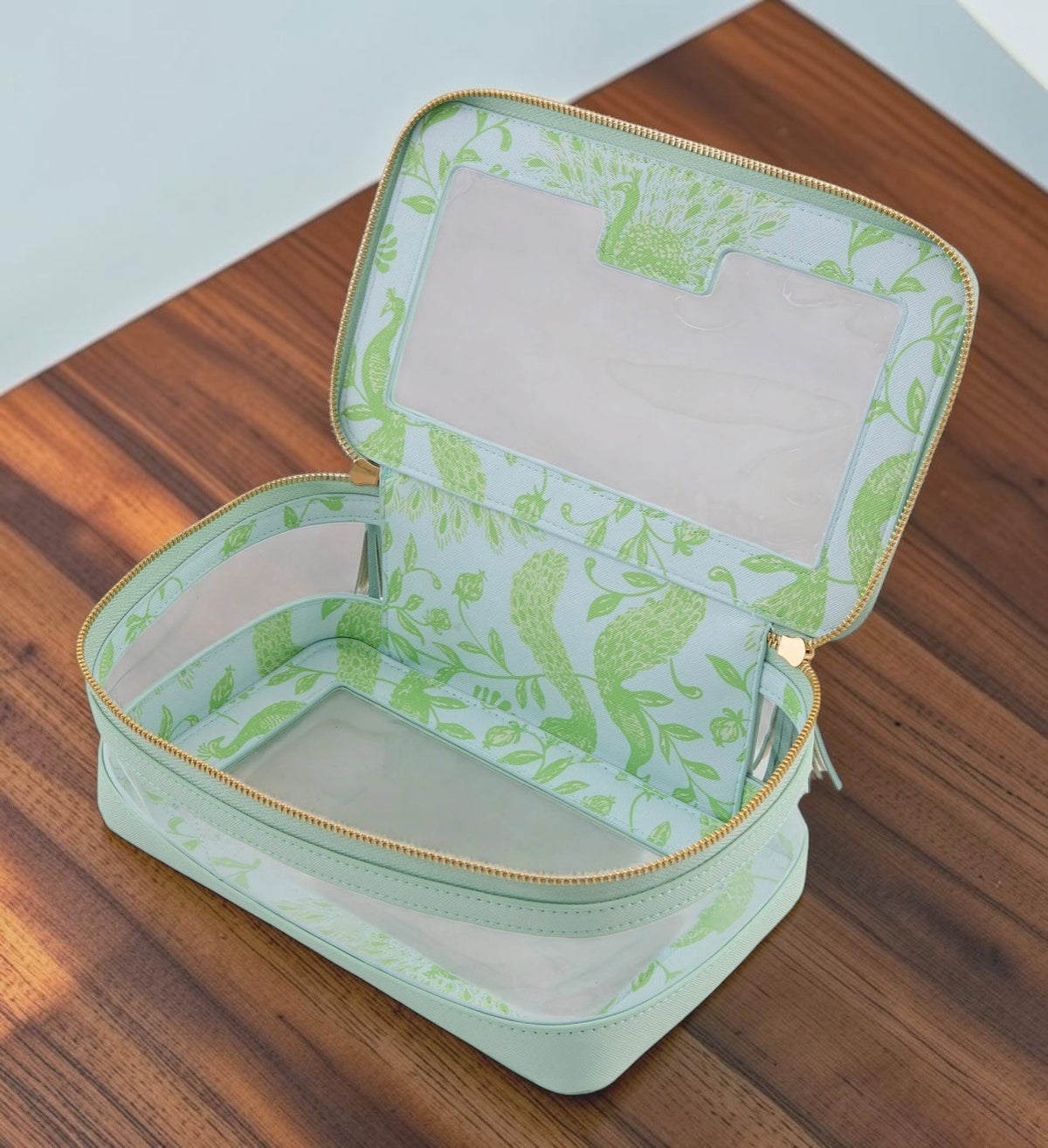 Luxury Mahjong mint and gold peacock print tile storage case with clear PVC panels and gold-tone hardware.