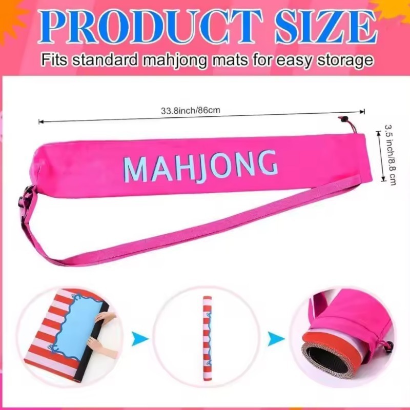 Luxury Mahjong hot pink canvas drawstring sling bag with adjustable strap and blue lettering for carrying game mats.