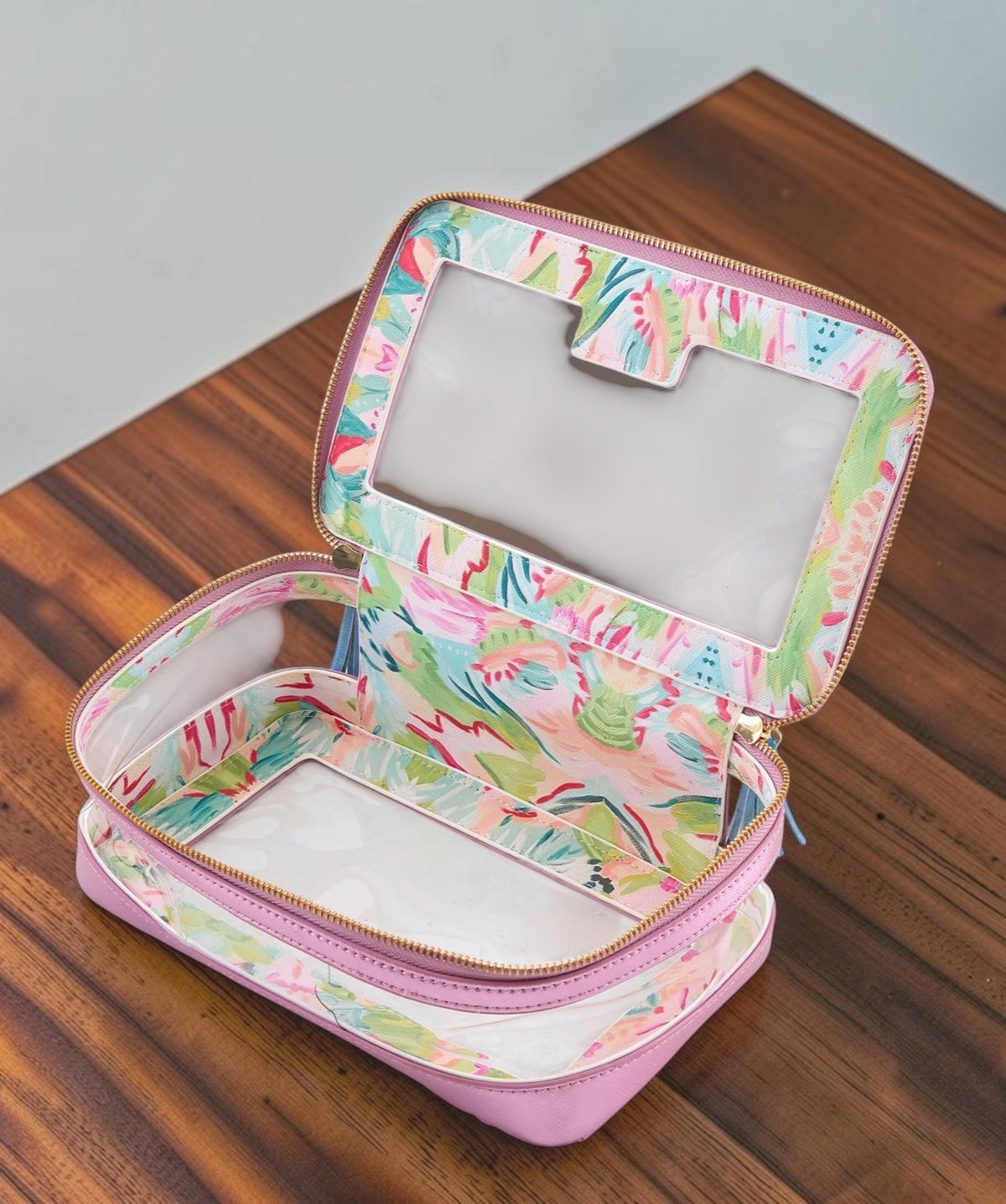 Luxury Mahjong metallic light pink two-tier tile storage case with watercolor floral interior and clear PVC panels.