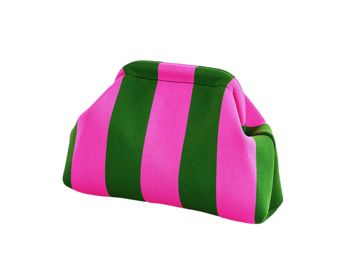 Luxury Mahjong striped knit bag in vibrant pink and green, featuring a structured frame for mahjong tile storage.