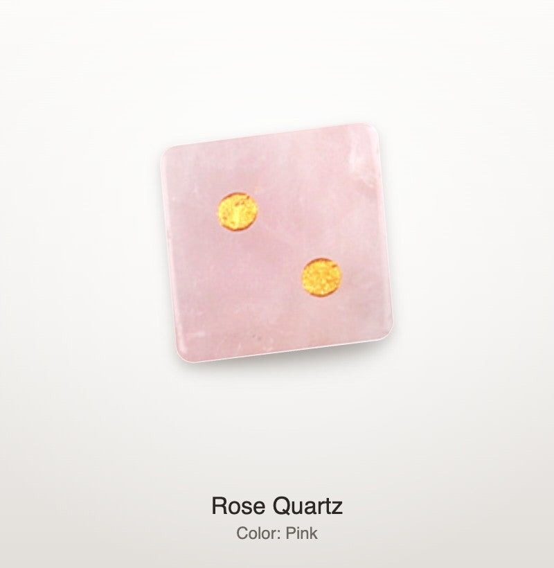 Luxury Mahjong rose quartz dice in blush pink with gold pips, showing a two-dot face on a clean white background.