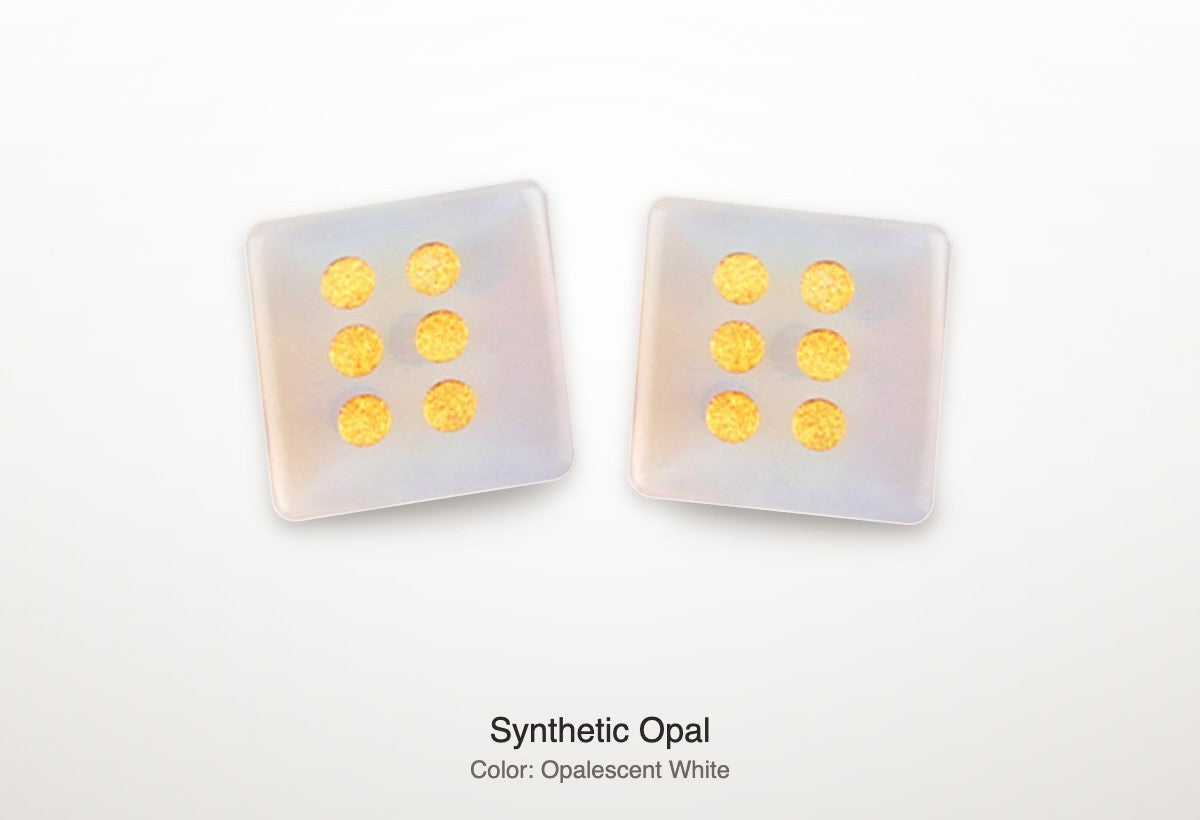 Luxury Mahjong synthetic opal dice pair in opalescent white with gold pips, 16mm size for game nights.