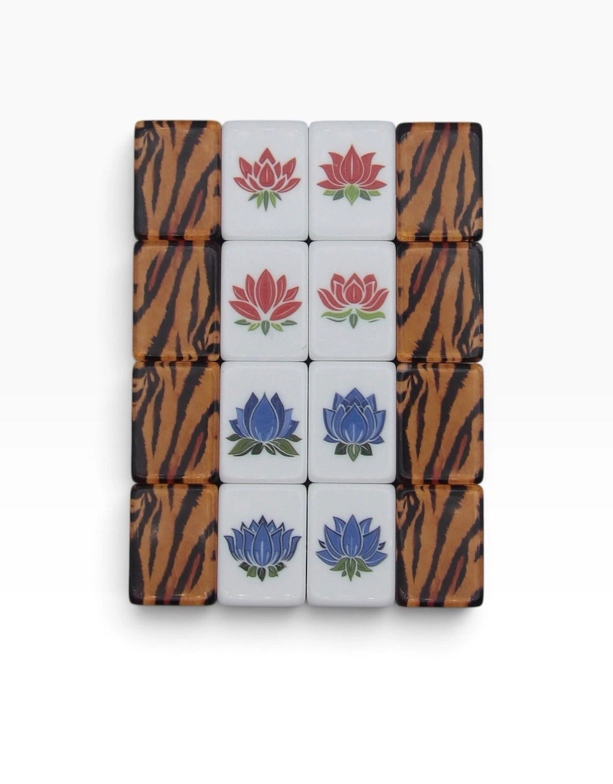 Luxury Mahjong Tiger Lily set featuring ivory tiles with lotus flower designs and amber tiger-striped backs.
