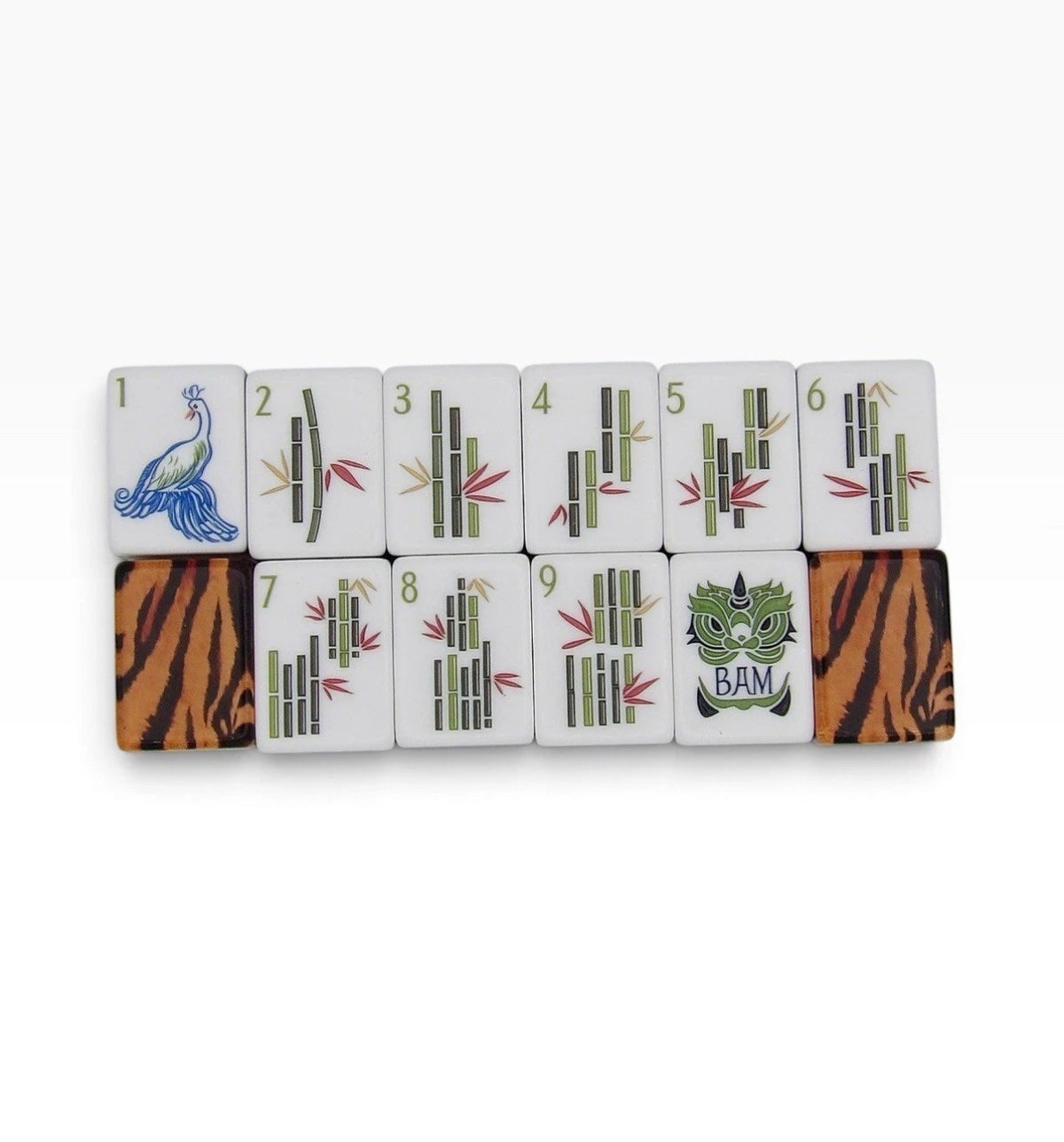 Luxury Mahjong Tiger Lily set featuring ivory tiles with bamboo suits and a tiger-striped back pattern