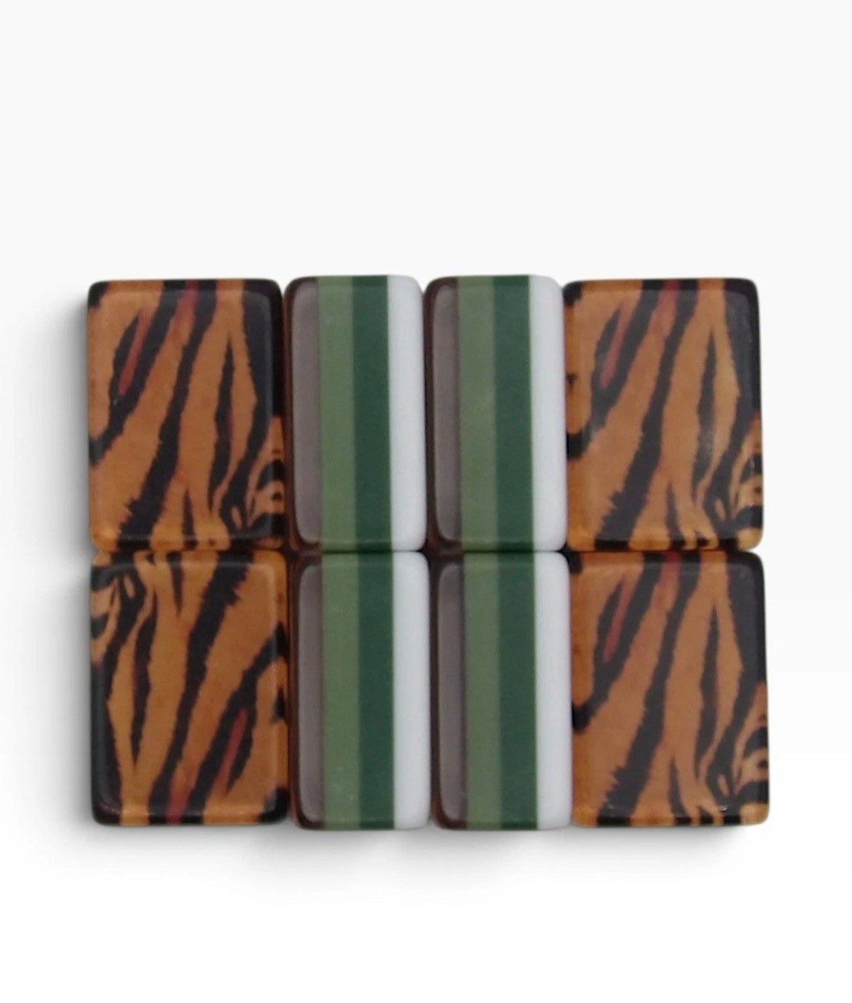 Luxury Mahjong Tiger Lily tiles showing amber tiger stripe backs and layered green and ivory side profiles