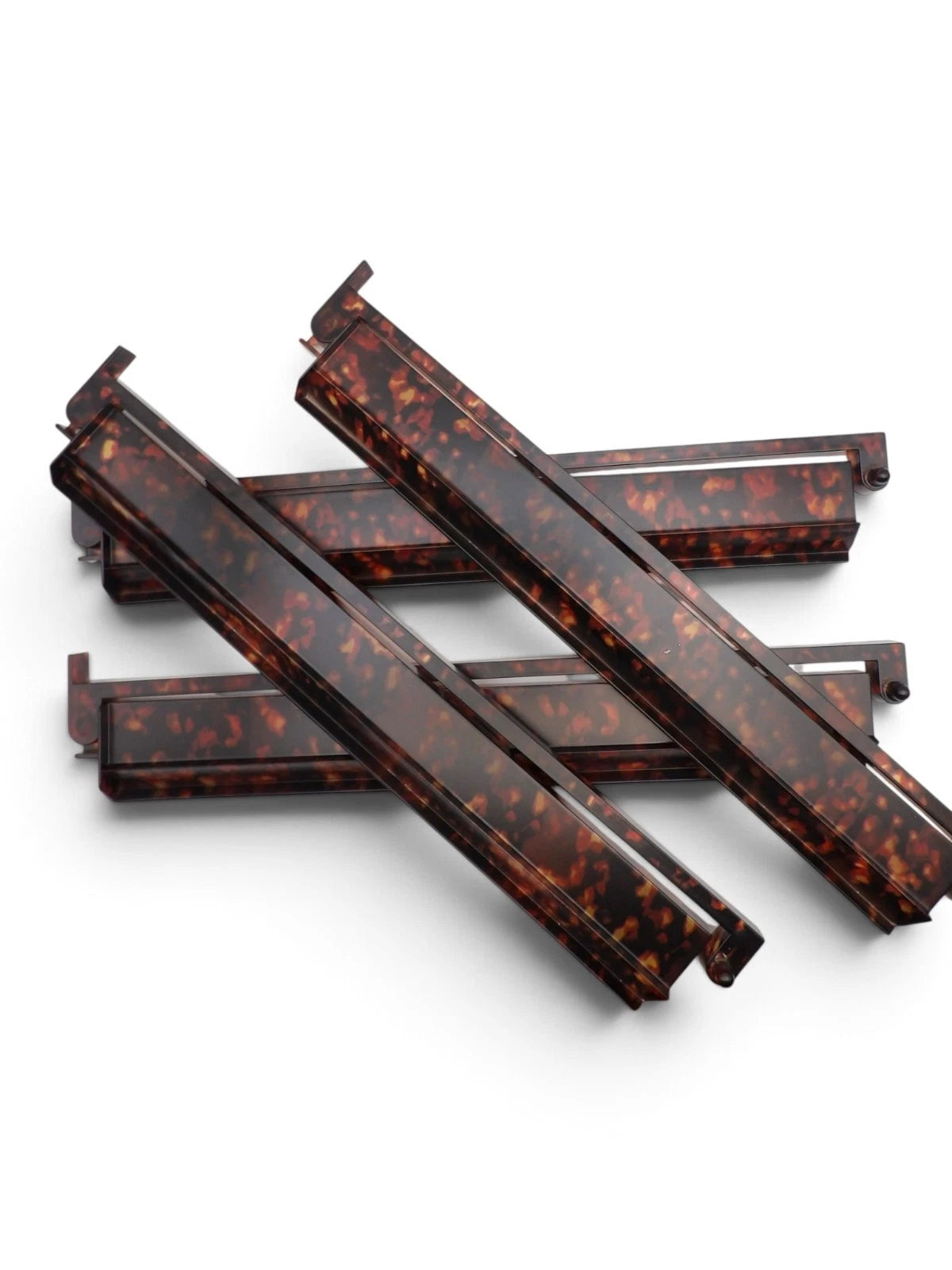 Luxury Mahjong set of four 18.5-inch tortoiseshell acrylic racks with attached hinged pushers in amber and brown