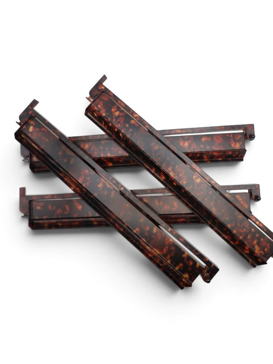 Luxury Mahjong set of four 18.5-inch tortoiseshell acrylic racks with attached hinged pushers in amber and brown