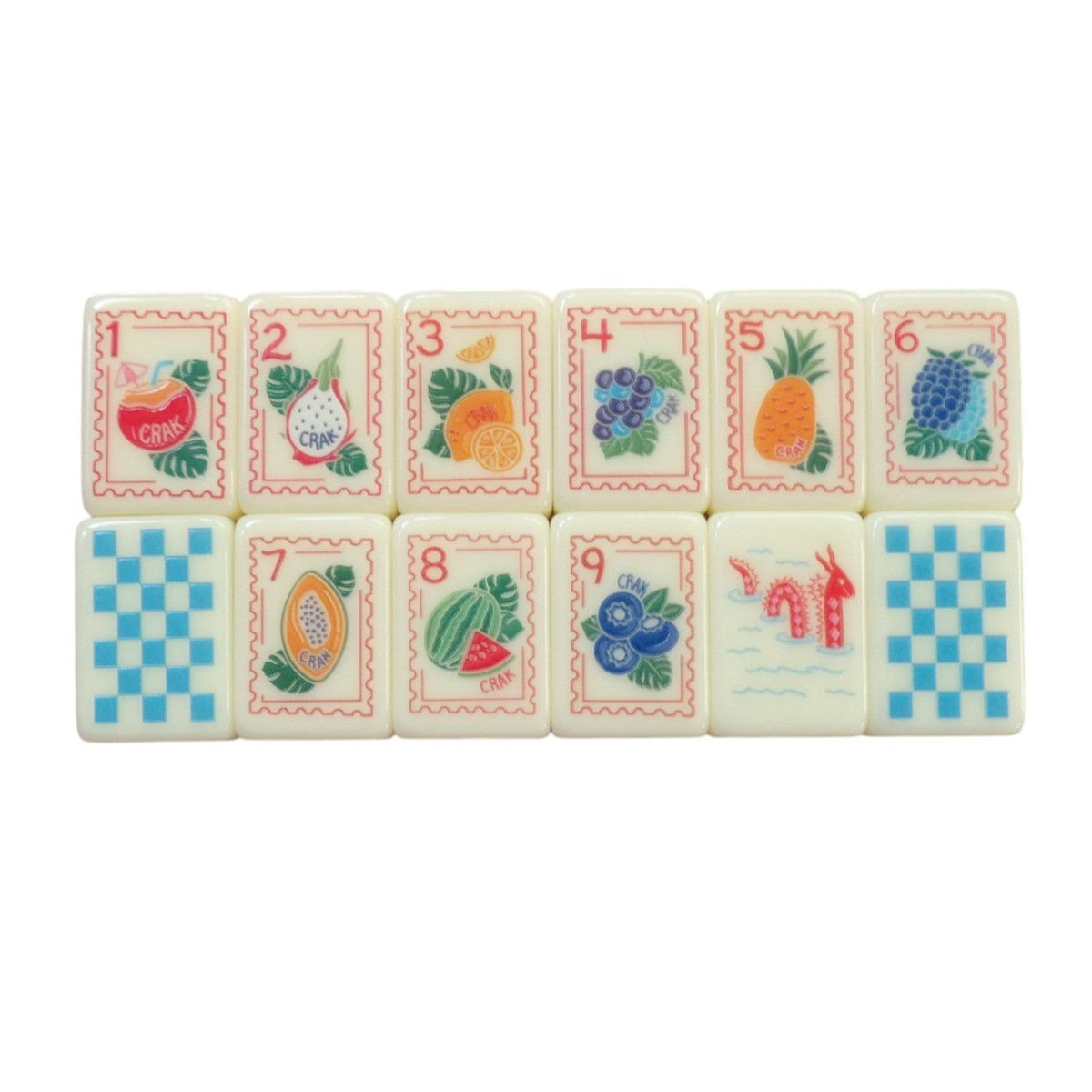 Luxury Mahjong tropical themed tiles featuring colorful fruit illustrations and numbers on a creamy smooth finish