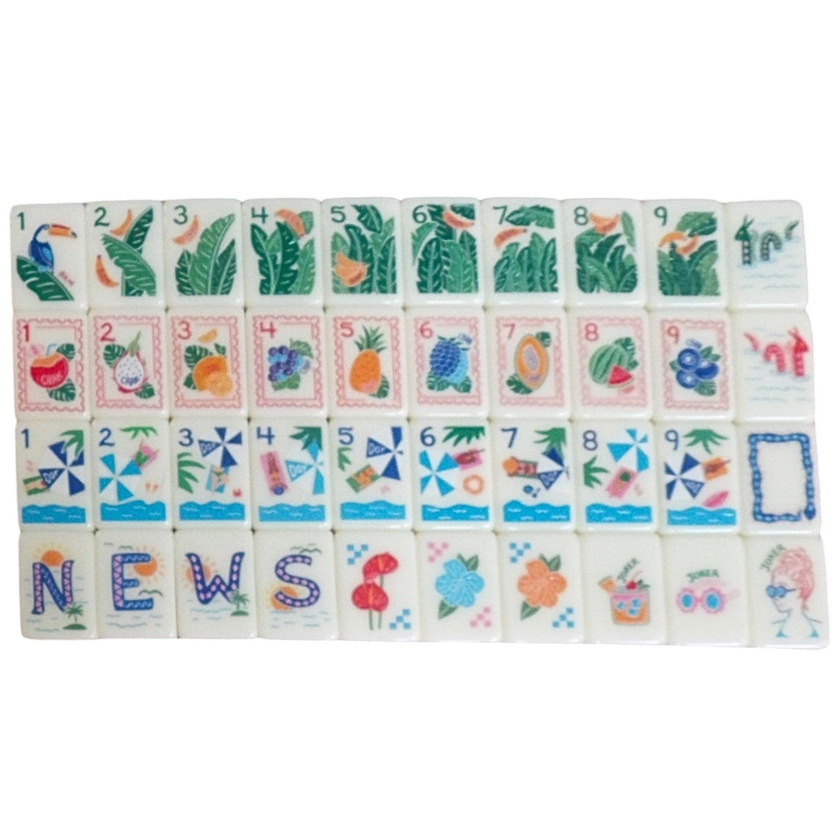 Luxury Mahjong tropical vacation themed tiles featuring colorful illustrations of palm leaves, fruits, and beach items.