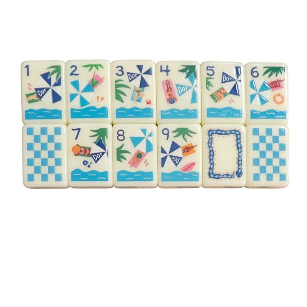 Luxury Mahjong tropical vacation themed tiles featuring colorful beach umbrellas, palm trees, and summer motifs.