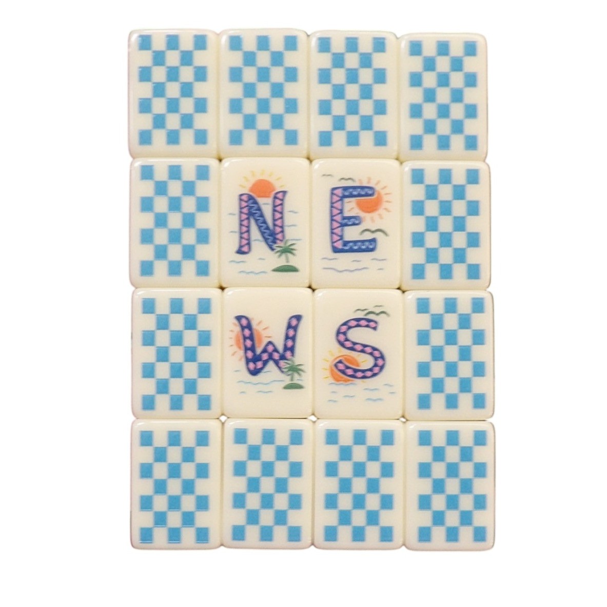 Luxury Mahjong tropical vacation themed tiles featuring blue checkered backs and illustrated directional motifs