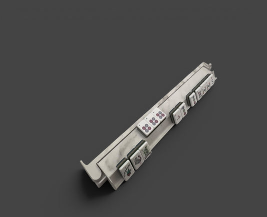 Luxury Mahjong 18.5-inch white marble acrylic rack and pusher set with mahjong tiles on a dark grey background.