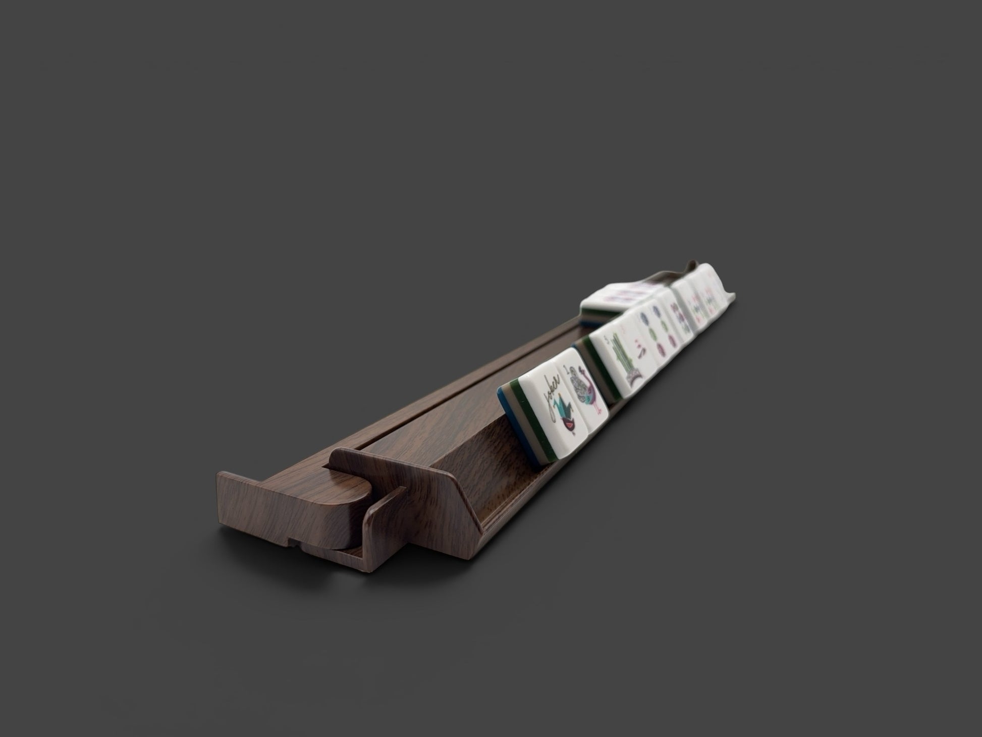 Luxury Mahjong dark wood tile rack with white tiles featuring colorful designs. Smooth finish, angled design for stability.