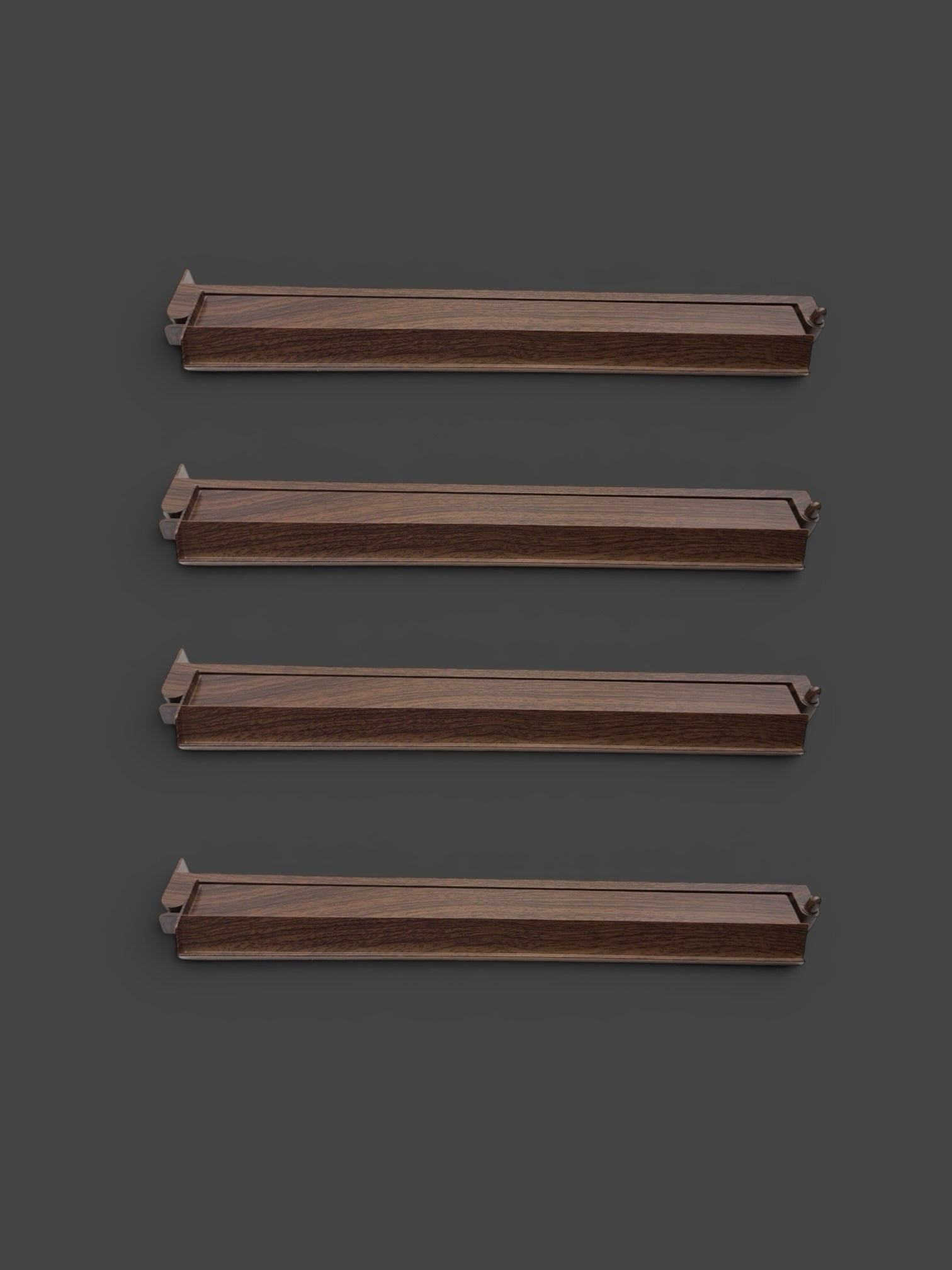 Luxury Mahjong set of 4 dark wood tile racks with smooth finish and angled design for stable tile display.