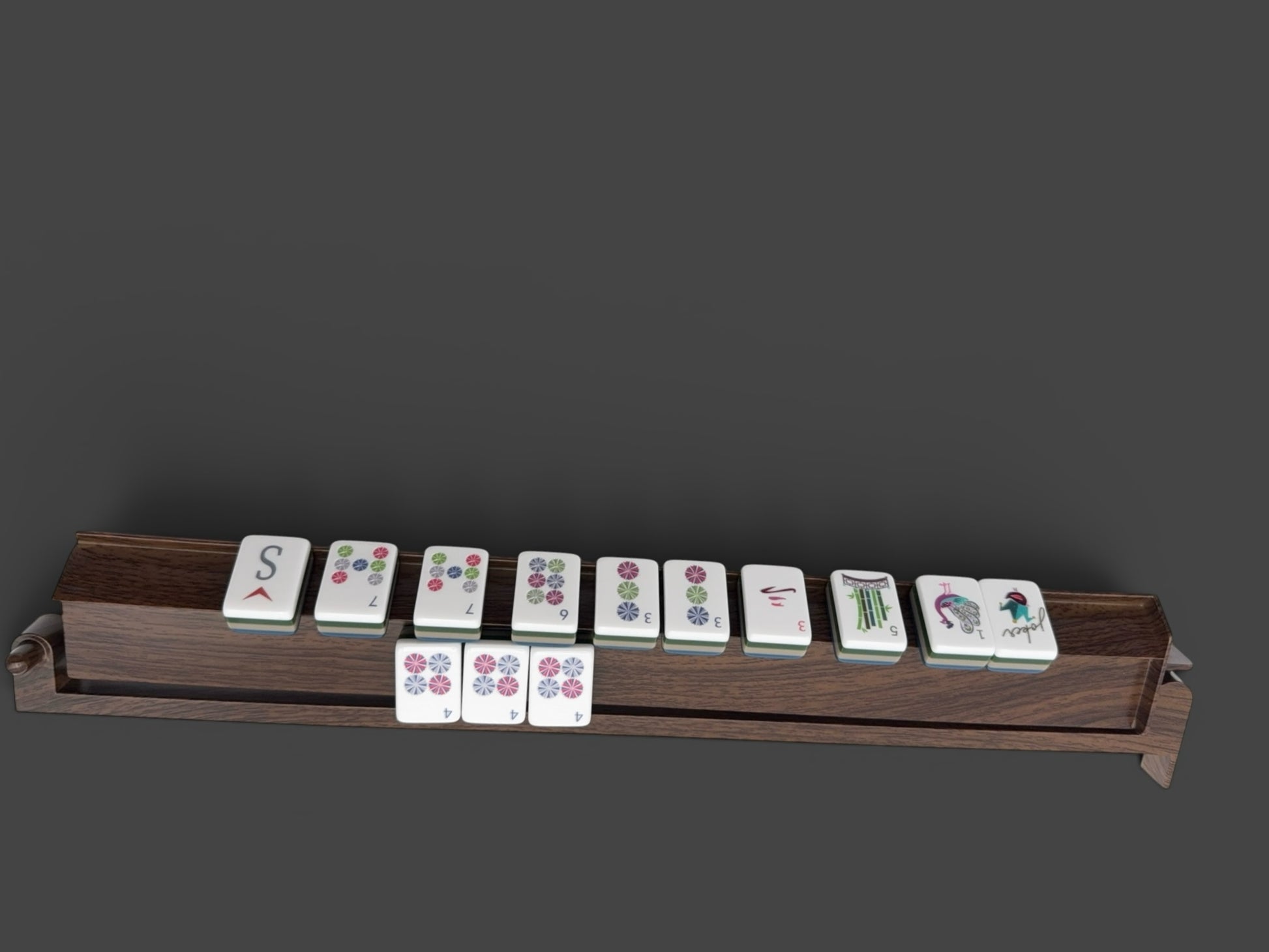 Luxury Mahjong dark wood tile racks set with white tiles featuring colorful designs and numbers.