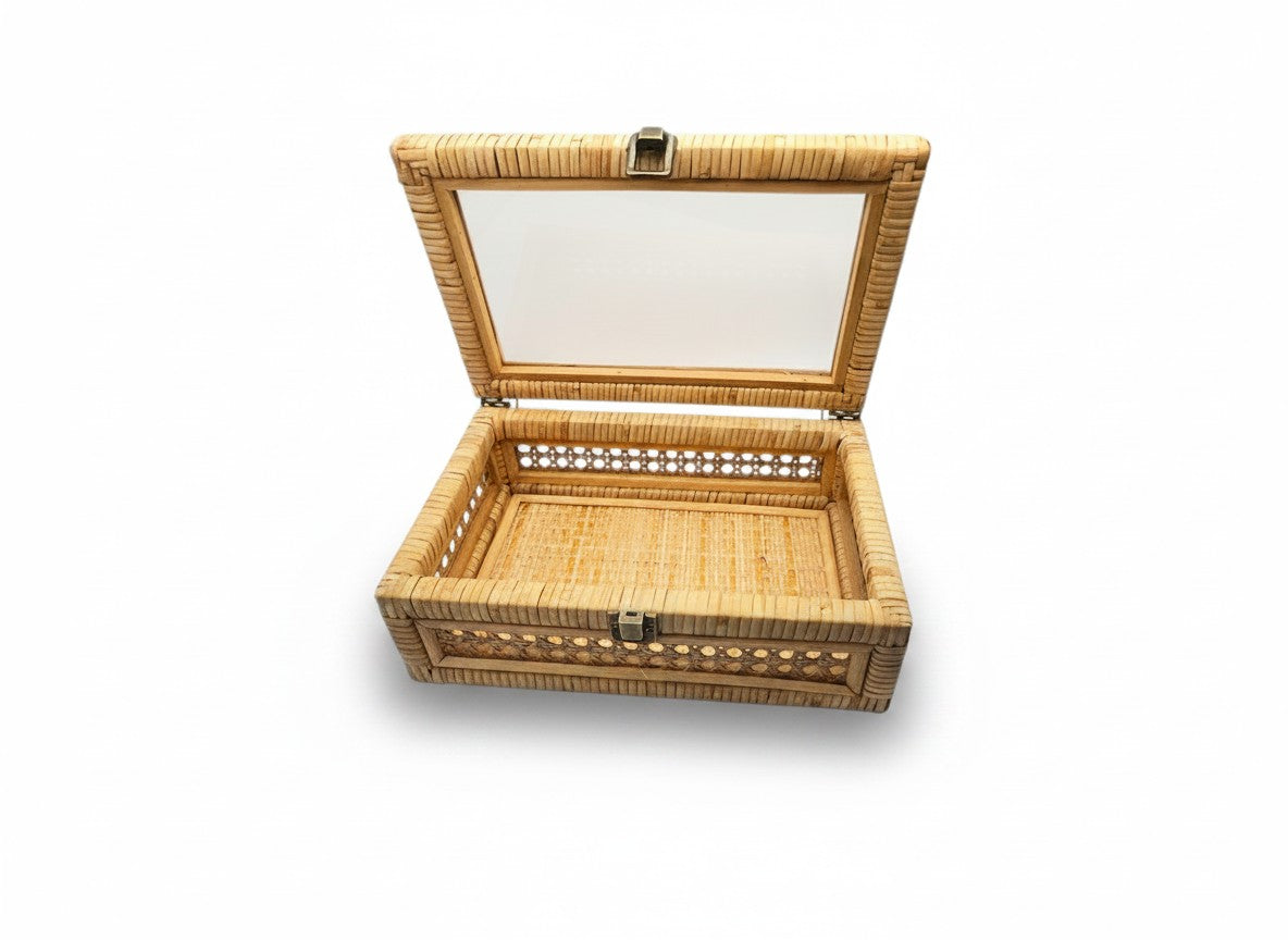 Handwoven Rattan Mahjong Tile Box | Clear Display Lid | Antique Clasp