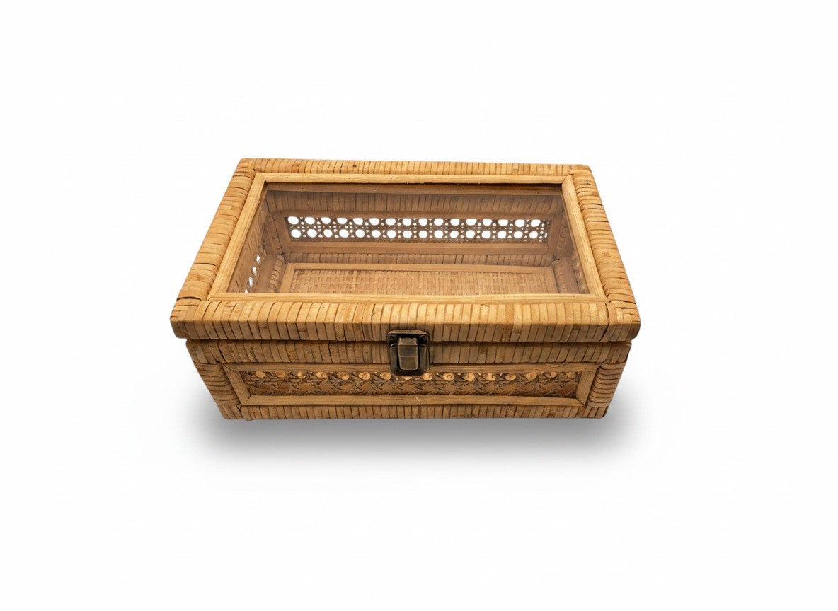 Handwoven Rattan Mahjong Tile Box | Clear Display Lid | Antique Clasp