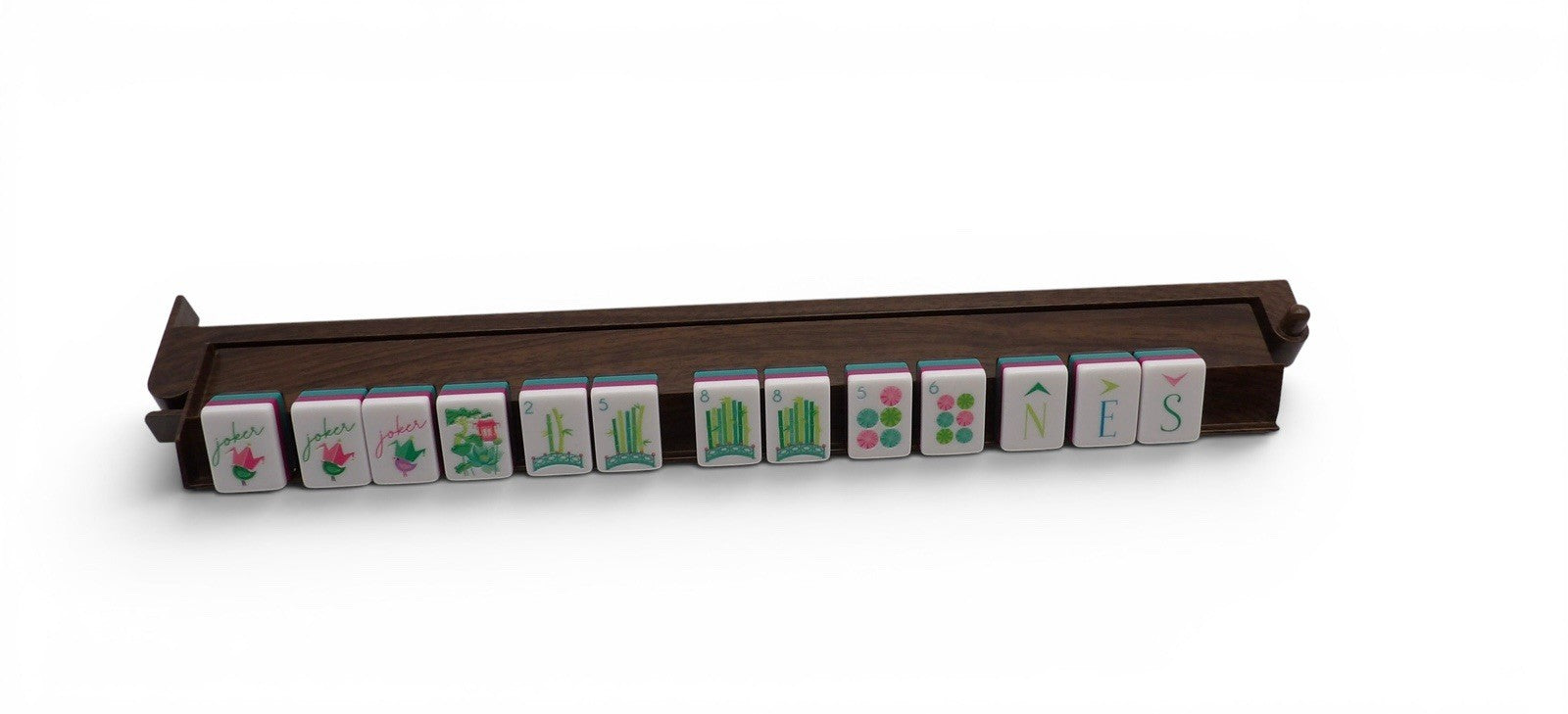 Luxury Mahjong dark walnut acrylic mahjong rack with tiles arranged on pusher