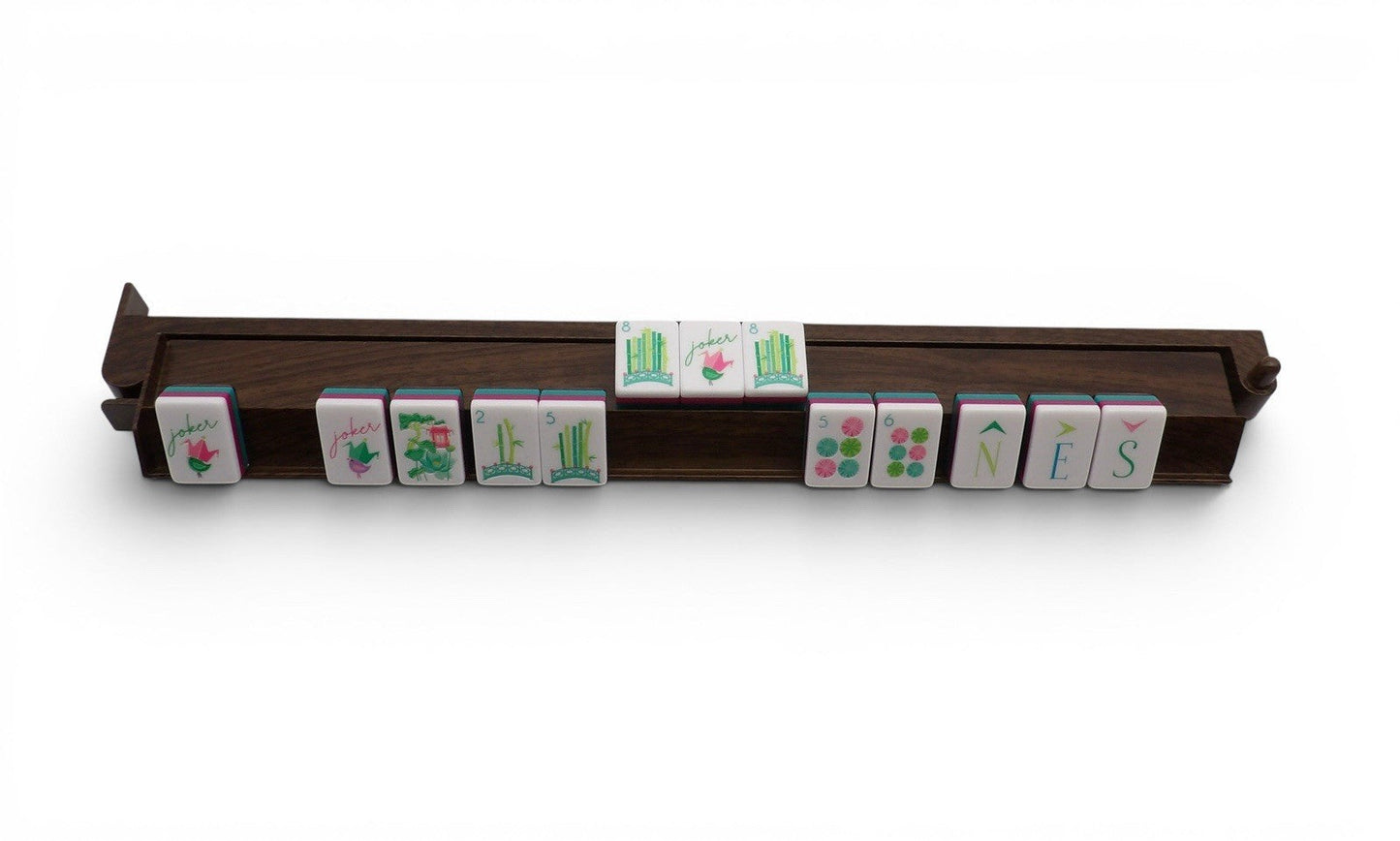 Set of four Luxury Mahjong dark walnut acrylic racks with pushers, table view