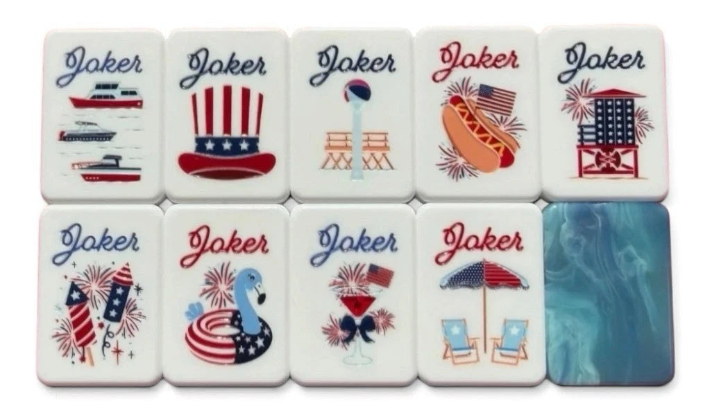 Red White & Bam patriotic fireworks mahjong tile artwork — red and navy palette close-up, detail 5