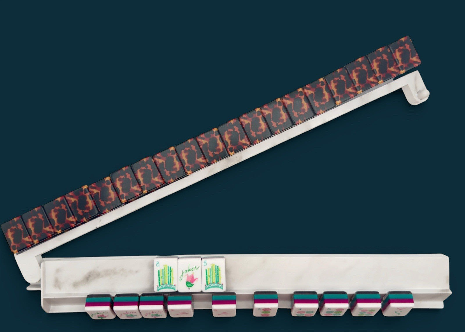 Luxury Mahjong white Carrara marble acrylic mahjong rack with tiles arranged on pusher