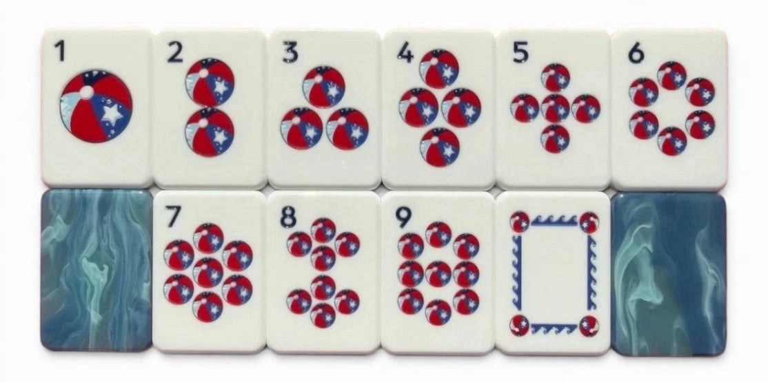 Red White & Bam patriotic fireworks mahjong tile artwork — red and navy palette close-up, detail 2