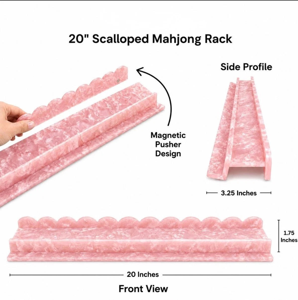 Blond tortoise wave scalloped mahjong rack holding a hand of tiles