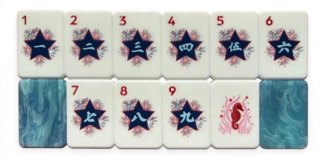 Red White & Bam patriotic fireworks mahjong tile artwork — red and navy palette close-up, detail 3