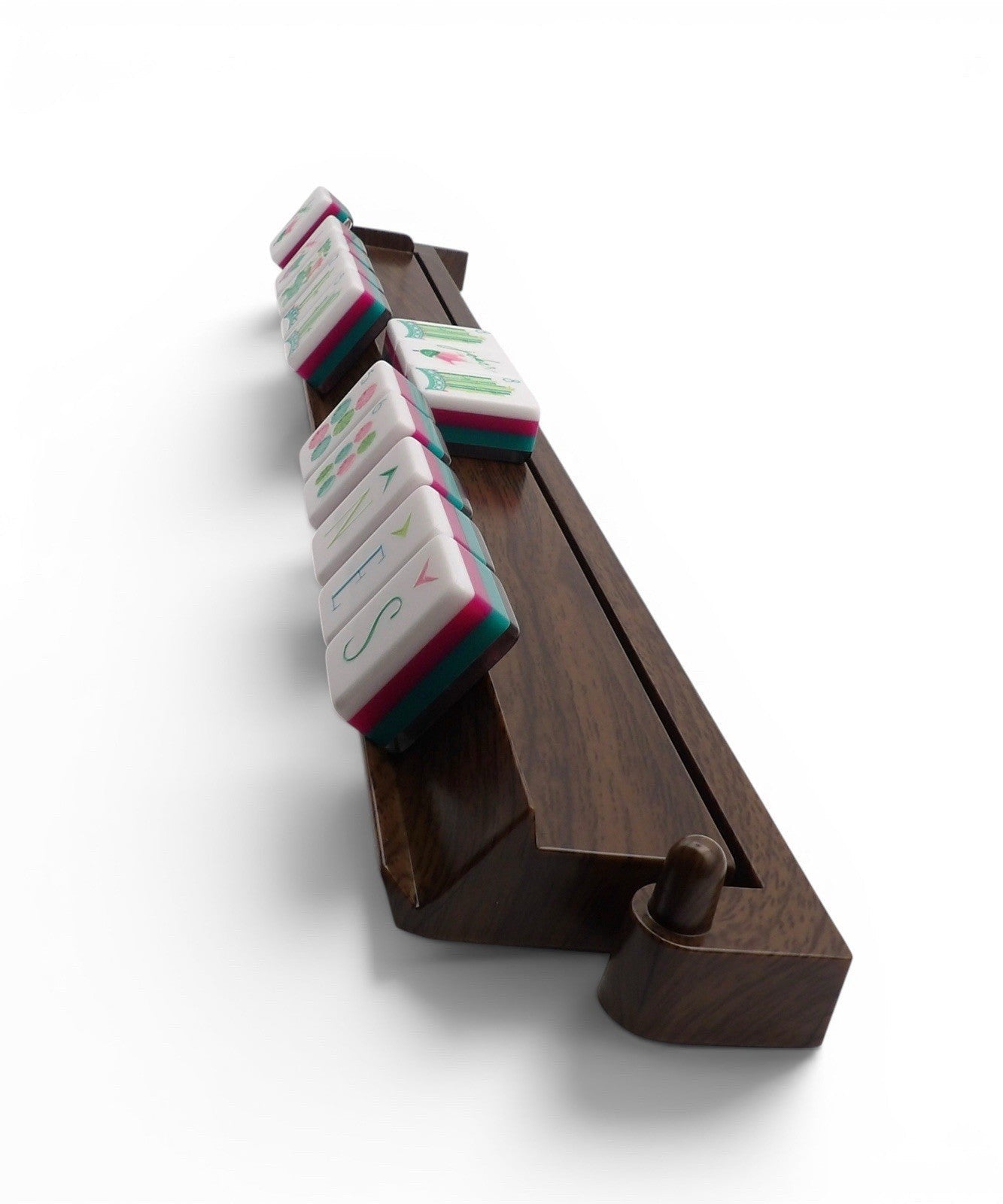 Luxury Mahjong dark walnut acrylic mahjong rack, side angle